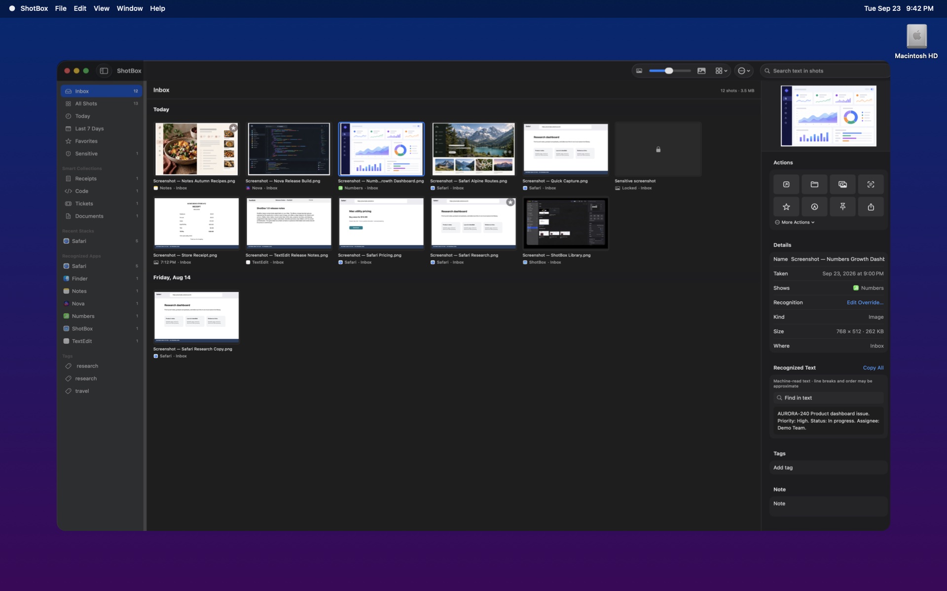 ShotBox Inbox view in the working Mac application